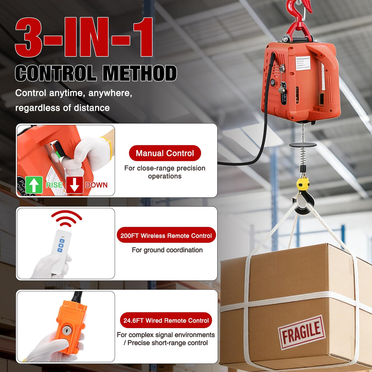 3-in-1 Electric Hoist Winch, 1100LBS 1500W Portable Power Winch Crane with Manual Wired Wireless Remote Control, 110V Electric Hoist 25FT Lifting Height for Garage Warehouses Factories, Orange