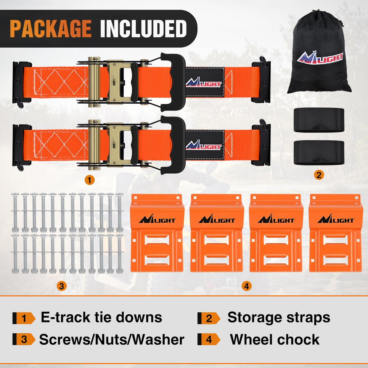 Wheel Chock Tie Down Kit 4500lb Break Strength 2Pcs E Track Ratchet Straps 4 Pcs Heavy Duty Trailer Tire Straps System for ATV, UTV, Lawn Mower,SXS 10 in-30 in Diameter Tires Orange