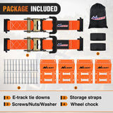 Wheel Chock Tie Down Kit 4500lb Break Strength 2Pcs E Track Ratchet Straps 4 Pcs Heavy Duty Trailer Tire Straps System for ATV, UTV, Lawn Mower,SXS 10 in-30 in Diameter Tires Orange