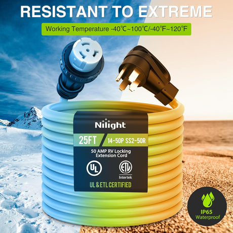 25FT 50 Amp RV Locking Extension Cord 250V Heavy Duty 6/3+8/1 Gauge Pure Copper STW Wire UL ETL Listed 4 Prong 14-50P SS2-50R Weatherproof Suit for Camper Caravan Trailer Bright Green