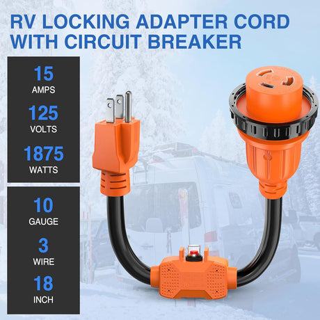 RV Locking Adapter Cord with Circuit Breaker Overload Protector 15 Amp to 30 Amp Plug 110V Electrical 10 Gauge Wire ETL Listed 5-15P to L5-30R 15M/30F Weatherproof for RV Camper Caravan Van