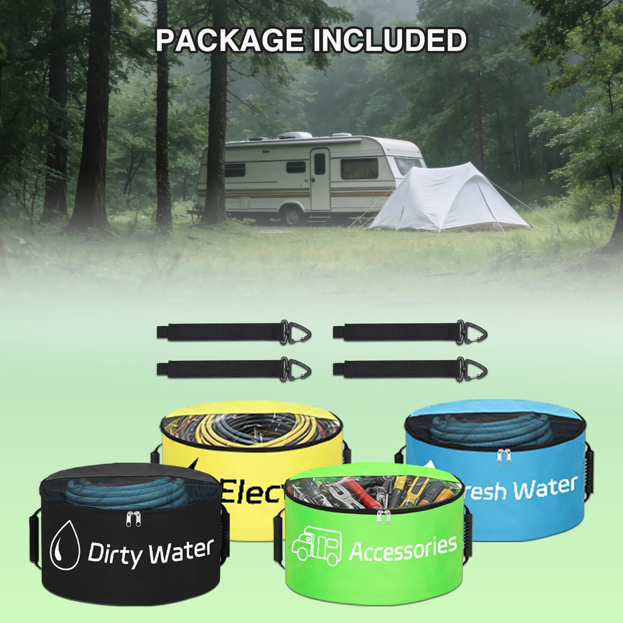 4 Pack RV Hose Storage Bag, Waterproof Utility Bag with Visible Cover & Dual Zipper Closure RV Storage and Organization for Sewer, Fresh Water Hoses Electrical Cords Camper Tools Accessories