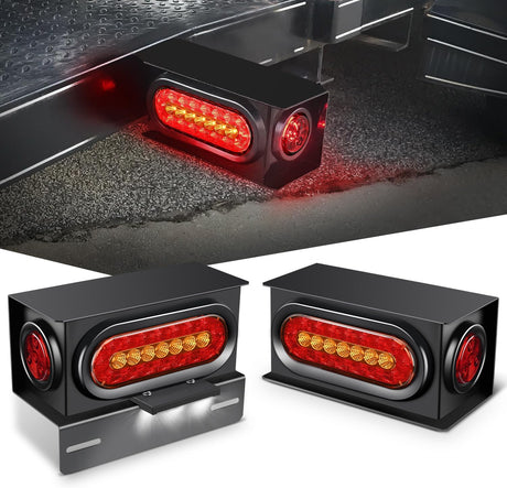 2 PCS Steel Trailer Light Boxes Housing Kit 3LED License Plate Lights 6 Inches Oval Red Amber Tailight 2 Inch Round Side Marker Lamp Grommet Plugs for Truck Tractor Car