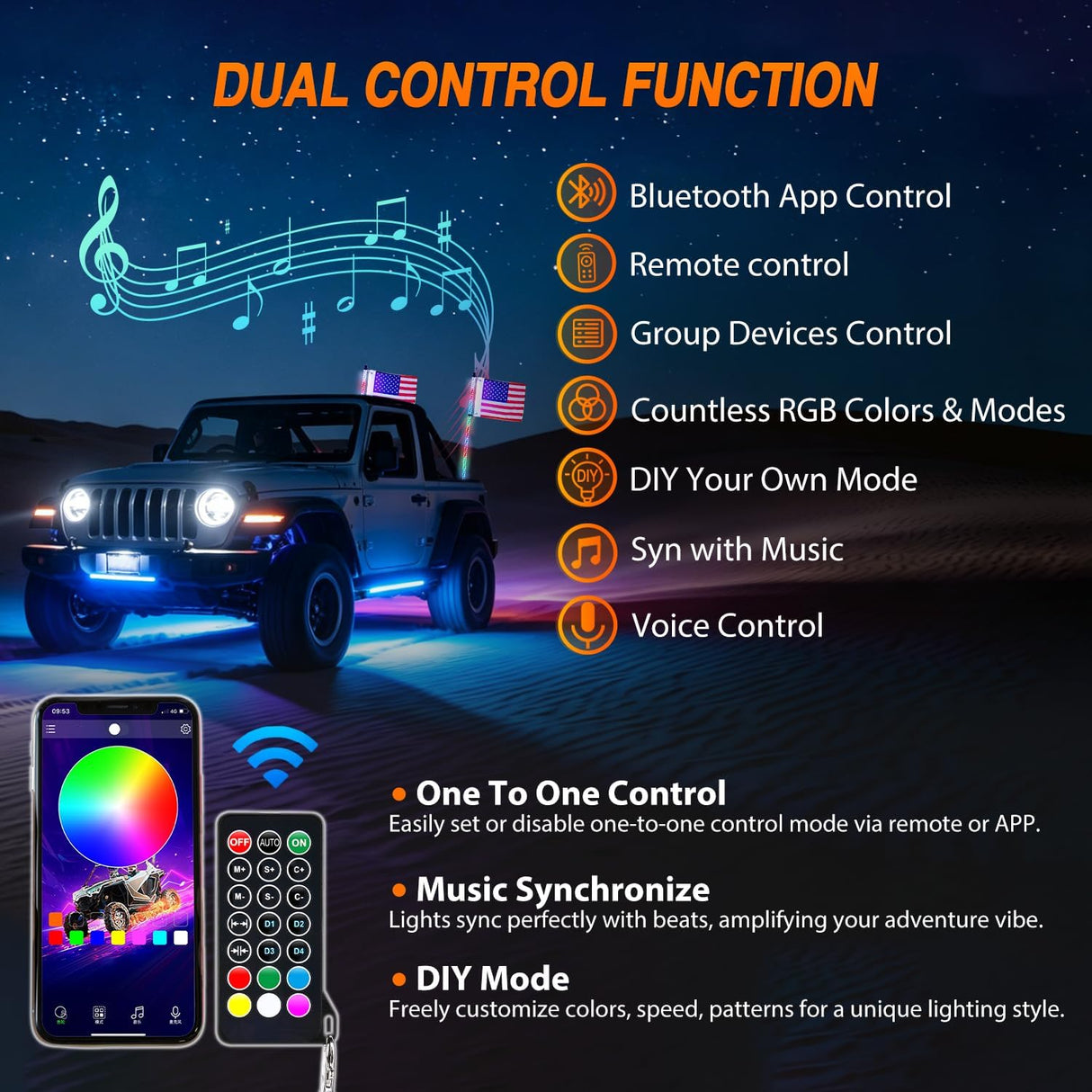 RGB LED Whip Light 2PCS 4FT Spiral Antenna Whips | APP and Remote Control with DIY Chasing Patterns Turn Signal Brake Reverse Functions and Spring Base for ATV UTV RZR and Jeep