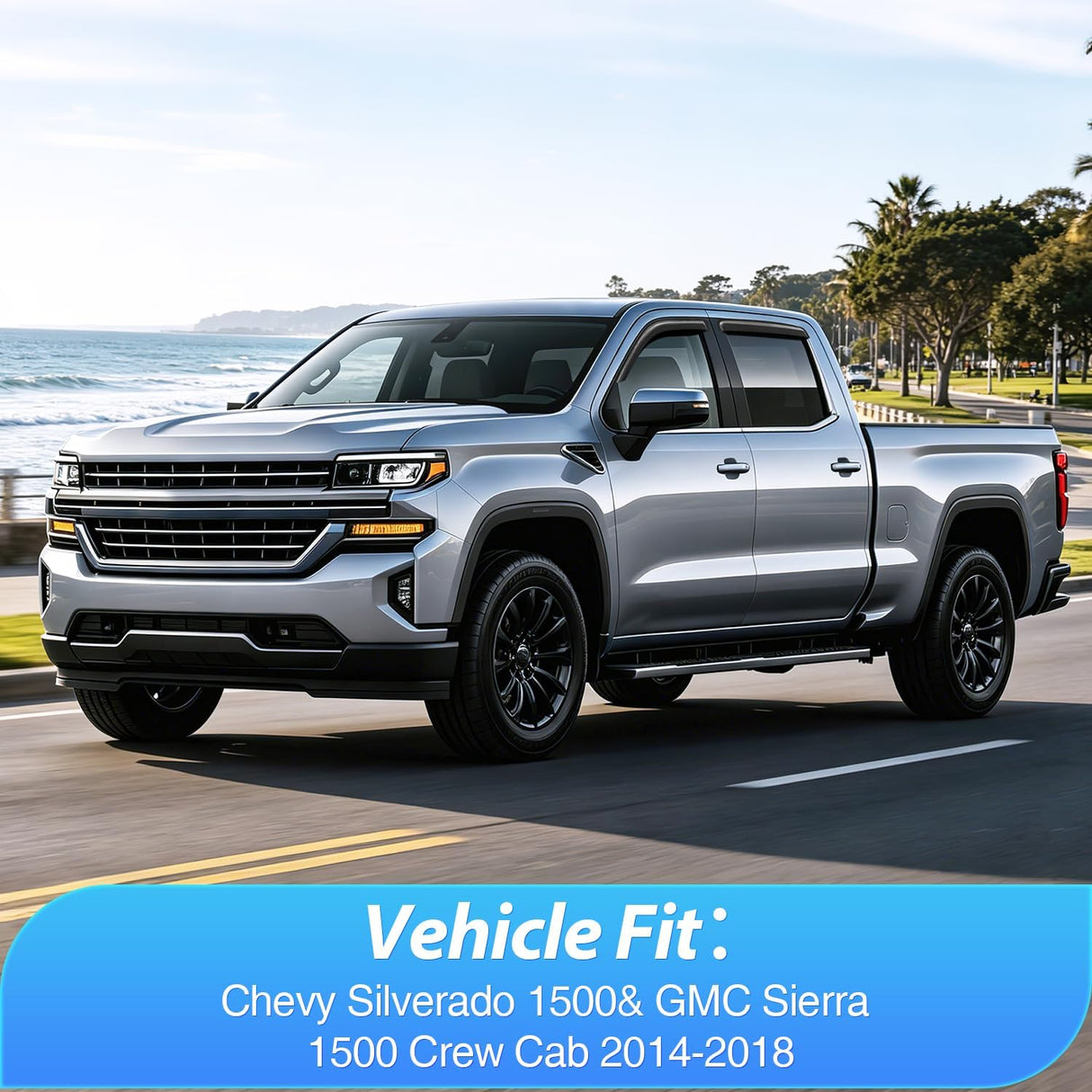 Tape-On Window Visors for Chevy Silverado 1500/GMC Sierra 1500 Crew Cab 2014-2018 Rain Guards Wind Deflectors Vent Shades, Smoke Sun Rain Guard, 4PCS