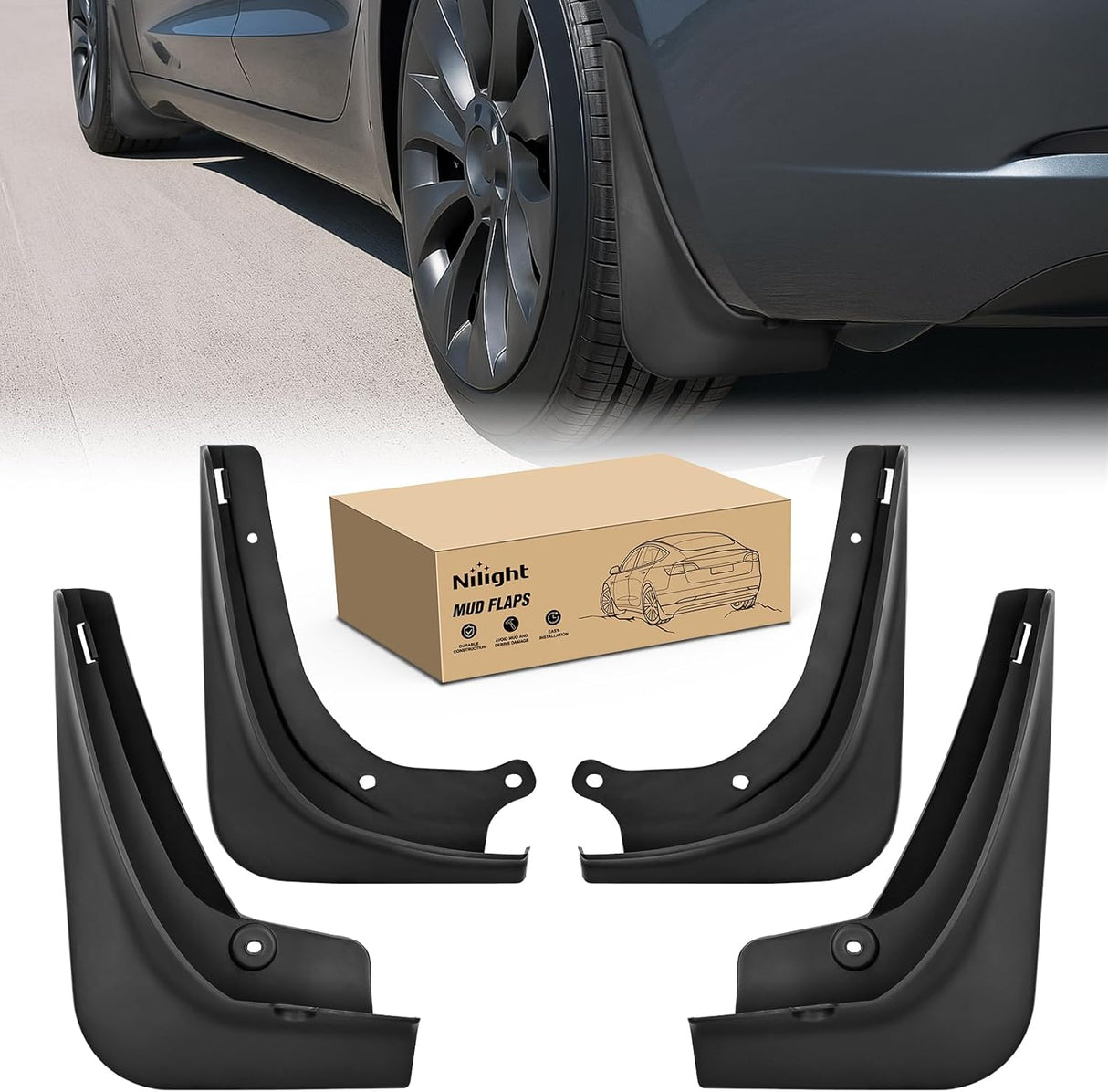 Mud Flaps for Tesla Model 3 2017 2018 2019 2020 2021 2022 2023, No Drilling Precision Fit Exterior Accessories Heavy-Duty Splash Guards Protection, Front & Rear Set