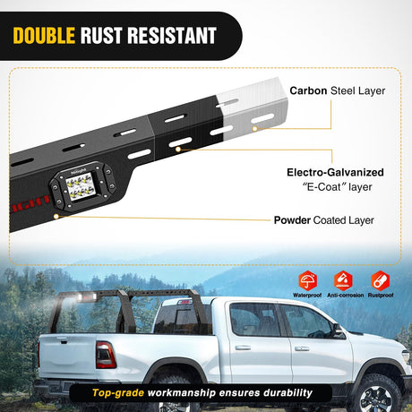 Adjustable 27-30 Inch High Truck Ladder Bed Rack Compatible with Tacoma/Tundra/Ram 1500/ Silverado/Sierra 1500/ F150/ Gladiator JT/Titan/Frontier/Colorado/Canyon/Ranger with 2 LED Lights