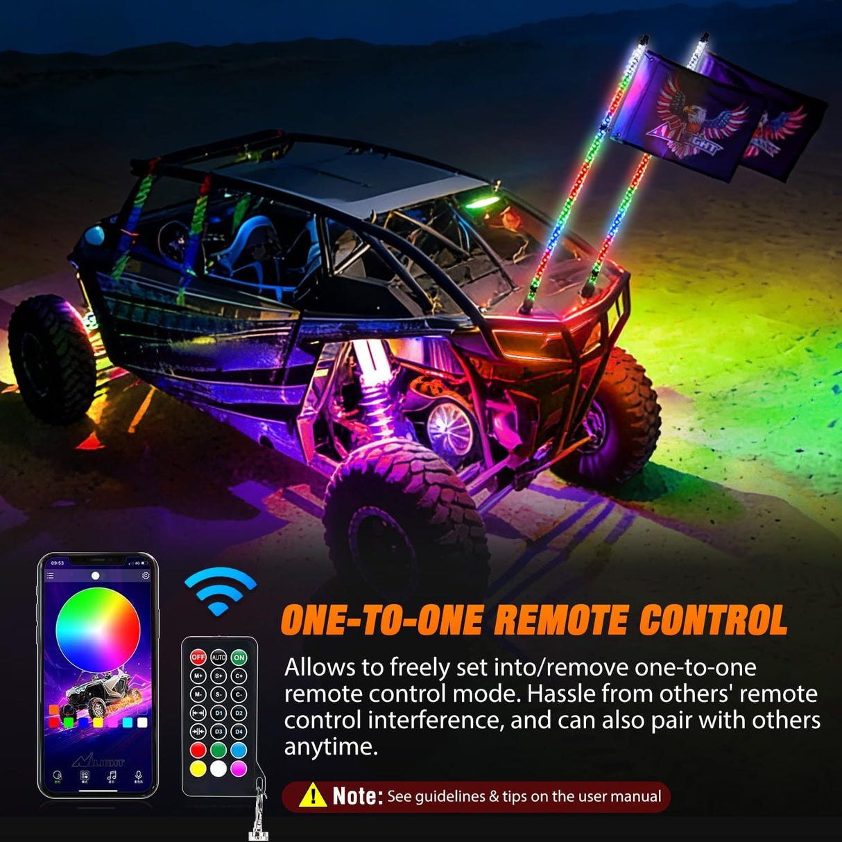 RGB LED Whip Light 2PCS 3FT with 6 Rock Lights Combo | APP and Remote Control with DIY Chasing Patterns Stop Turn Reverse Modes and Spring Base for ATV UTV RZR and Jeep