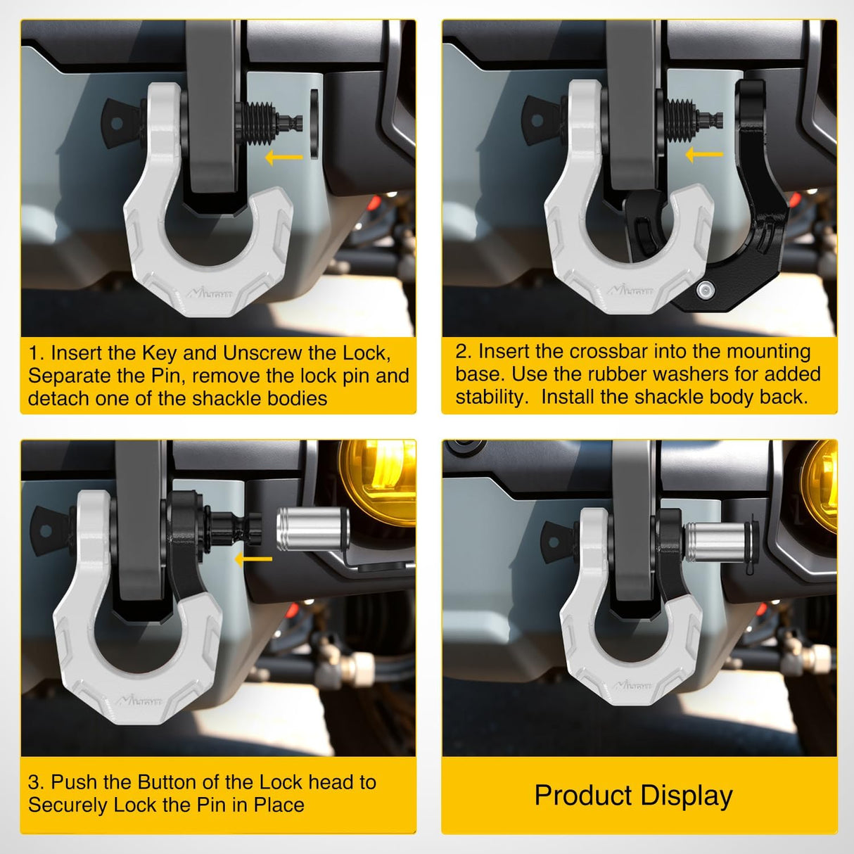 2 Pack 3/4 Inch D-Ring Separate Shackle 45,000 Lbs Break Strength | Includes 7/8 Inch Lock Pin, Isolators and Washers Off Road Recovery, for Tow Strap Winch Truck Vehicle Black&White