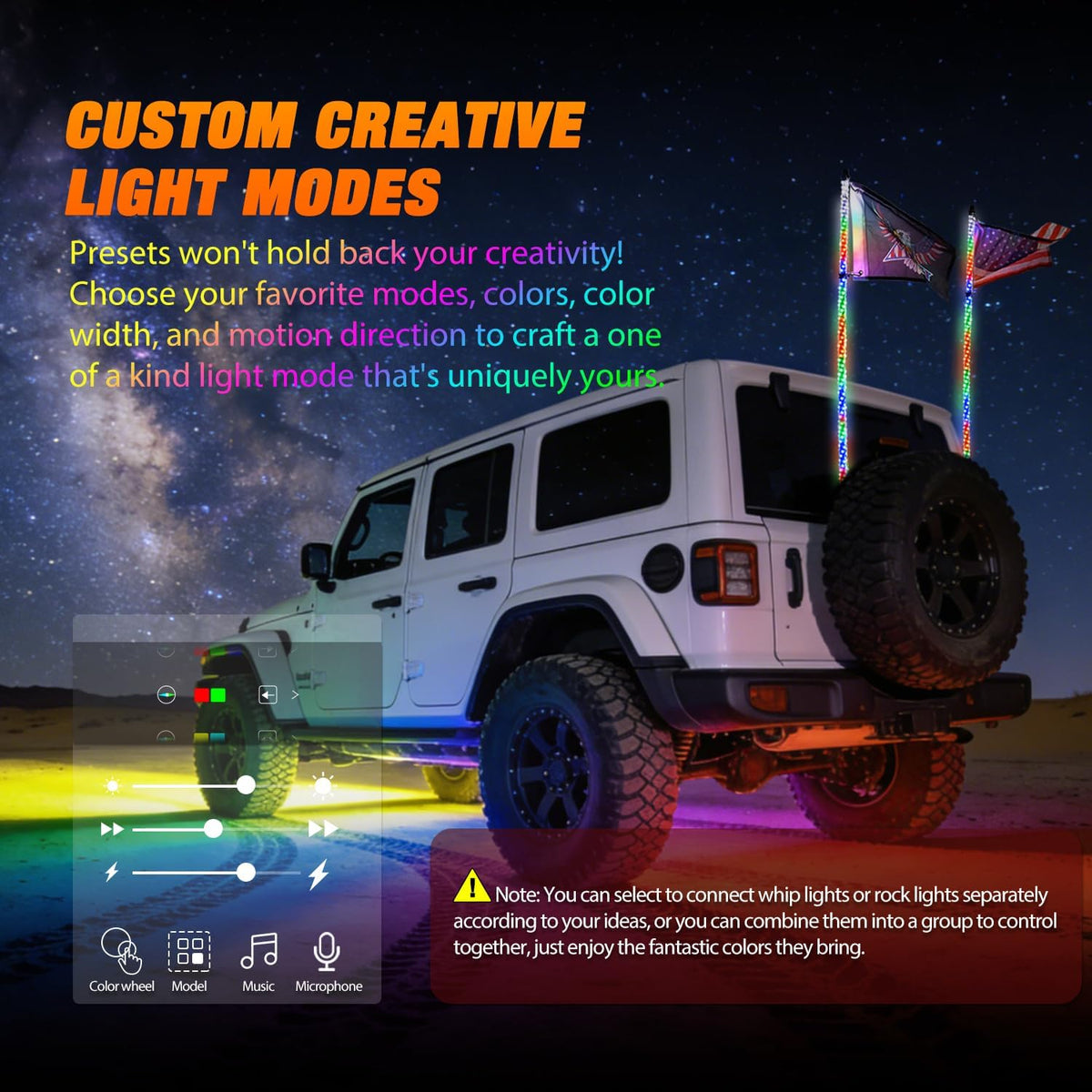 RGB LED Whip Light 2PCS 4FT with 4 Rock Lights Combo | APP and Remote Control with DIY Chasing Patterns Turn Signal Brake Reverse Functions and Spring Base for ATV UTV RZR and Jeep