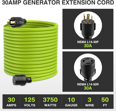 50FT 30Amp Generator Extension Cord 125V Heavy Duty 10/3 Gauge Pure Copper STW Wire UL ETL Listed 4 Prong L14-30P L14-30R Weatherproof Suit for Camper Outdoor Use Bright Green