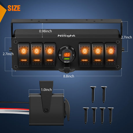 6 Gang Rocker Switch Box 12V SPST ON Off Toggle Switches PD Type C and QC 3.0 USB Sockcet Voltmeter LED Light Waterproof Aluminum Mount Bracket Panel DIY Stickers for Boat Car RV Truck