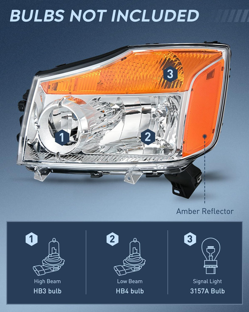 Headlight Assembly Headlight Assembly Chrome Case Amber Reflector 2004-2015 Titan 2005-2007 Armada 2004 Pathfinder Armada (Pair)