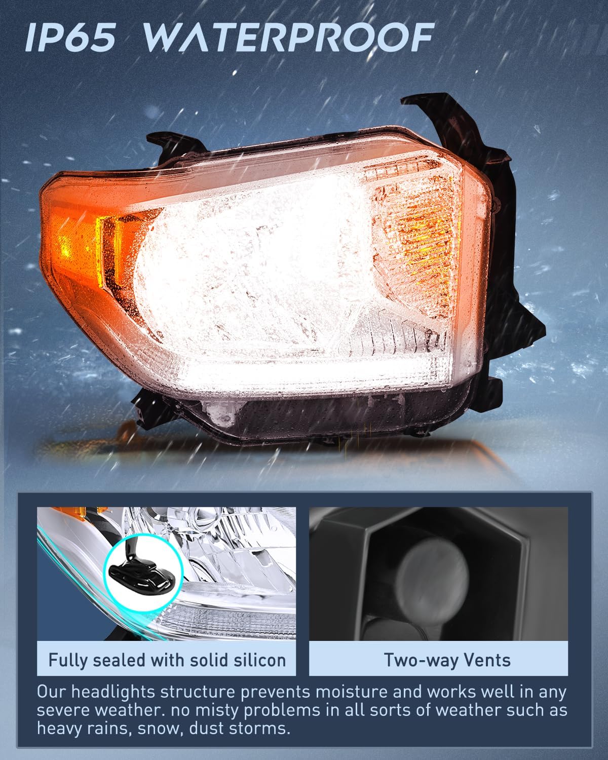 Headlight Assembly Compatible with 2014 2015 2016 2017 2018 2019 2020 2021 Toyota Tundra Chrome Housing Amber Reflector Clear Lens Bumper Headlamps Replacement Driver and Passenger Side