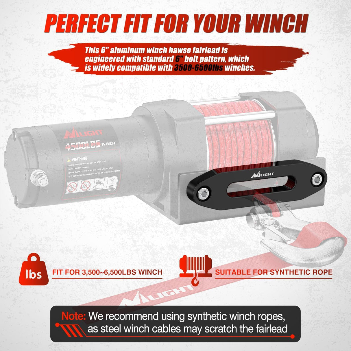Winch Fairlead Aluminum Hawse Fairlead 6 Inch (152 mm) Hole Spacing with Mounting Hardware Winch Hawse Fairlead for Synthetic Rope 3500-6500 LBS Trailer Truck Winch Accessory Anodized Black
