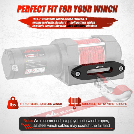 Winch Fairlead Aluminum Hawse Fairlead 6 Inch (152 mm) Hole Spacing with Mounting Hardware Winch Hawse Fairlead for Synthetic Rope 3500-6500 LBS Trailer Truck Winch Accessory Anodized Black