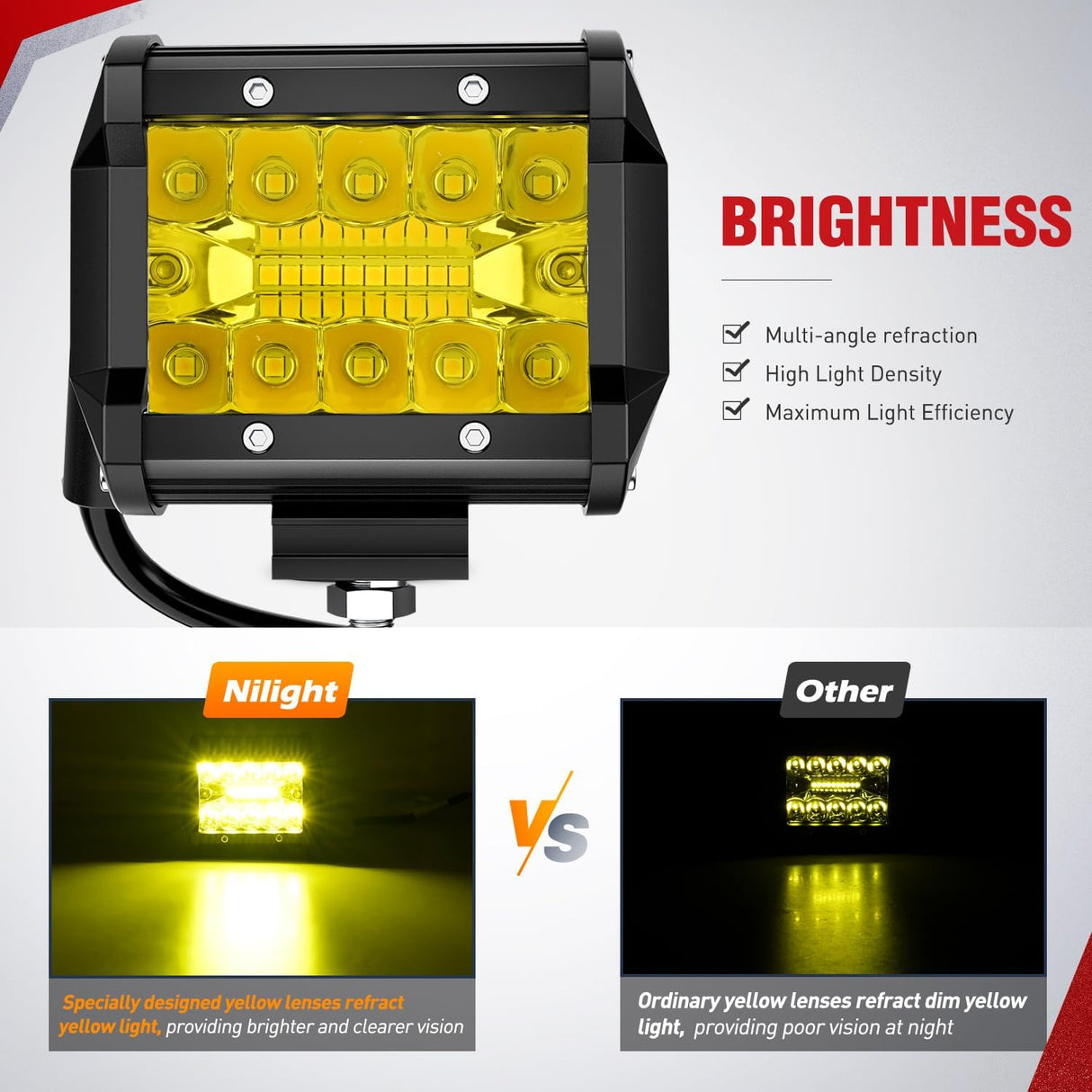 4 Inch Yellow LED Light Pods 2PCS Triple Row 60W Flood Spot Combo Offroad Driving Fog Lighting for 12V 24V Pickup Truck ATV UTV SUV