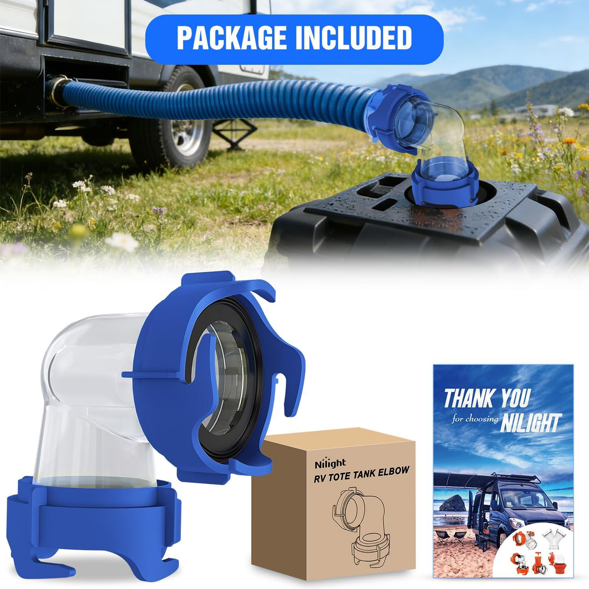 90 Degree RV Tote Tank Adapter, Clear RV Sewer Hose Elbow Fitting with 4 Swivel Bayonet Prongs Leak-Proof Double Odor-Tight Sealing Ring for RV Camping Portable Waste Tank Sewer Hoses, Blue