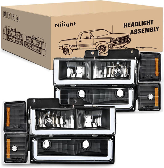 1994-1998 Chevy Silverado 1500 2500 3500 Headlight Assembly Black Case Amber Reflector Nilight