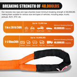 Kinetic Recovery Tow Rope Kit with 2 Soft Shackle 1-1/8inx30ftt Heavy Duty Offroad Tow Rope Snatch Strap Towing Strap kit 48,000LBS for UTV ATV SUV Truck Car Jeep Tractor