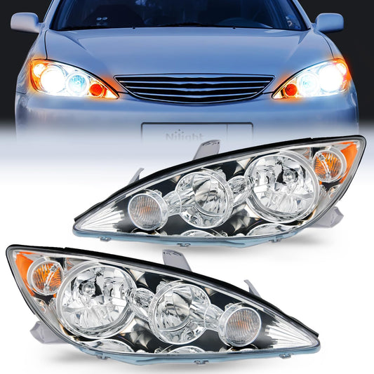 Headlight Assembly Headlight Assembly Chrome Case Amber Reflector Clear Lens For 2005 2006 Toyota Camry LE XLE SE (Pair)