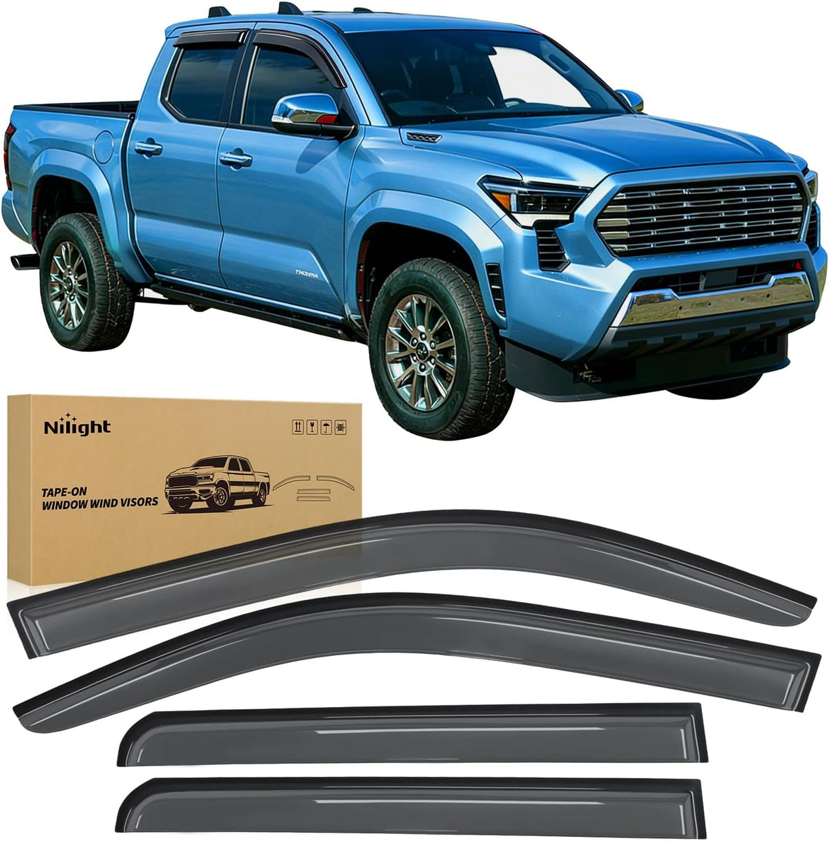 Window Visors for 2024-2025 Toyota Tacoma Double Cab 4th Gen | Tape-On Rain Guards Outside Mount Vent Visors Window Deflectors Smoke Tint, 4PCS
