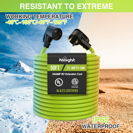 50FT 30 Amp RV Extension Cord 125V Heavy Duty 10/3 Gauge Pure Copper STW Wire UL ETL Listed 3 Prong TT-30P TT-30R Weatherproof Suit for Camper Caravan Trailer Bright Green
