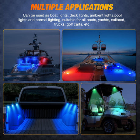 Marine Boat Light 4 PCS 10LED RGB Wireless Cabin Ambiance Multi Color Exterior Deck Lights Remote Control Submersible for Pontoon Sailboat Yacht Skeeter Fishing Bass Boats