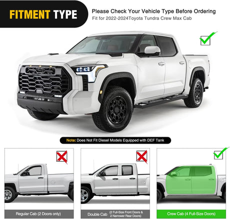 Running Boards for 2022 2023 2024 2025 2026 Toyota Tundra Crewmax Cab 4 Full Size Doors 6 Inch Side Step Nerf Bars Black