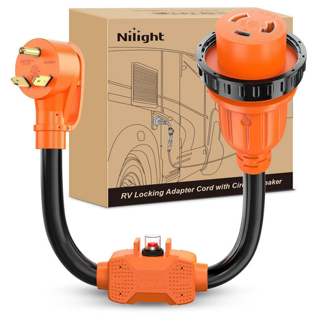 RV Locking Adapter Cord with Circuit Breaker Overload Protector 30 Amp to 30Amp Plug 110V Electrical 10 Gauge Wire ETL Listed TT-30P to L5-30R 30M/30F Weatherproof for RV Camper Caravan Van