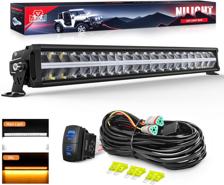LED Light Bar with Amber DRL 30 Inch 240W Offroad Light Anti-Glare Flood Spot Combo LED Driving Light IP68 w/ 12AWG DT Connector Wiring Harness for Pickup Truck SUV ATV UTV Boat 4x4