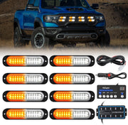 8PCS Led Strobe Lights with Controller 12V 24V Sync Feature Amber White Strobe Light 12 LED Surface Mount Emergency Hazard Warning Lights with Strobe Controller for Vehicle Car Truck RV ATV