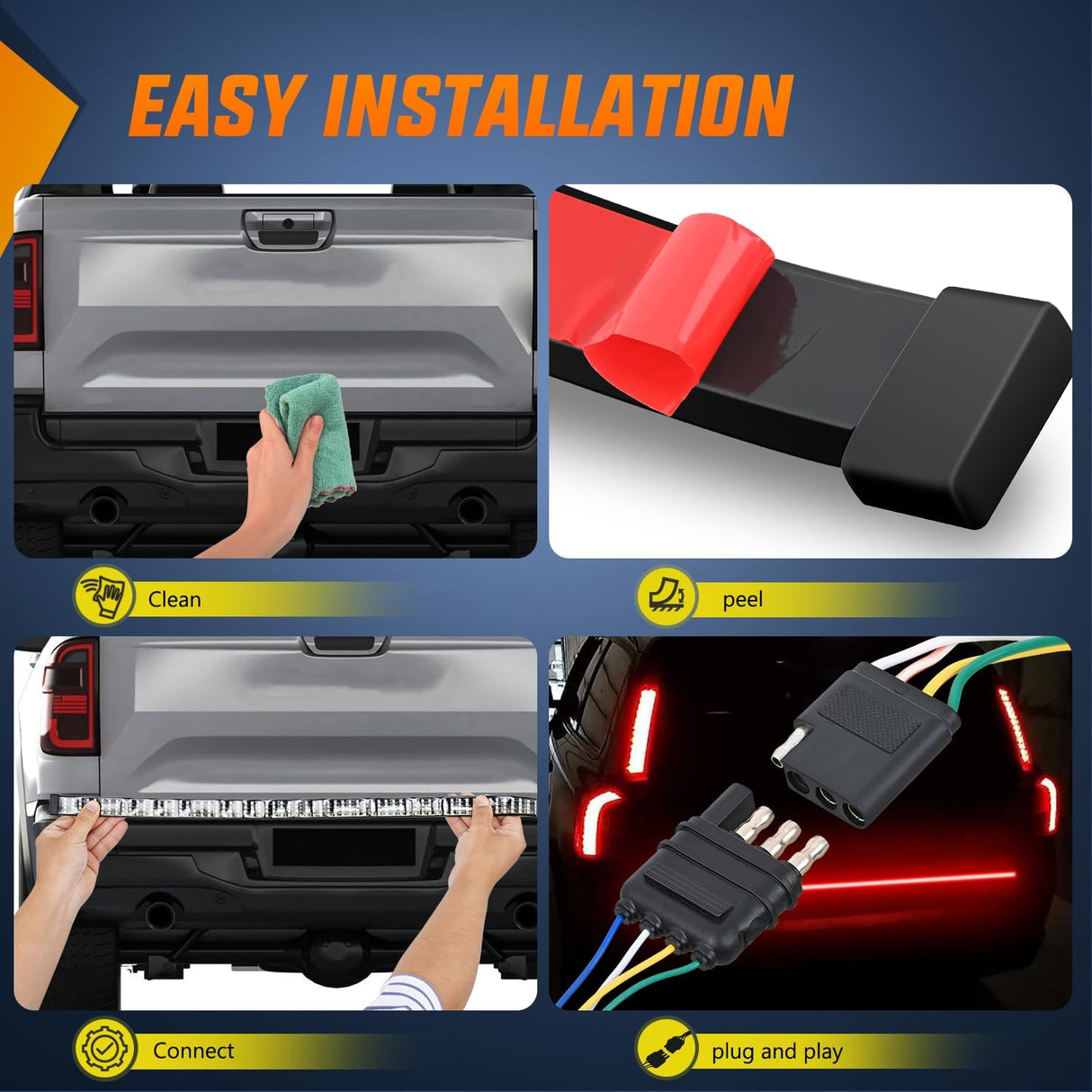 Truck Tailgate Light Strip 48 Inch Quad Row 528 LED Strip with Red Running Brake Lights White Reverse Lamp Amber Turn Signals Lights