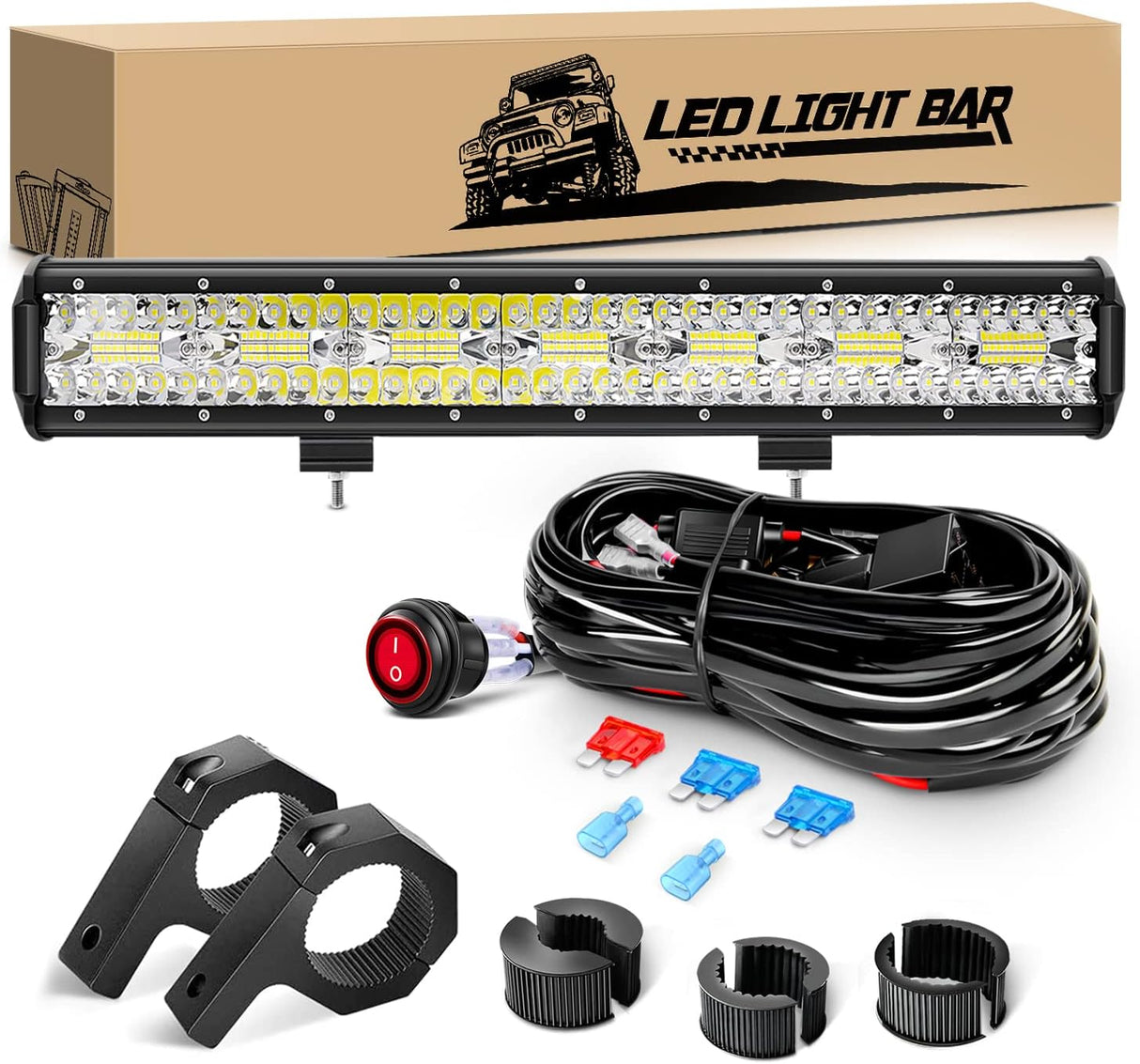 20Inch 420W Triple Row Led Light Bar Spot Flood Combo Driving Lighting Mounting Bracket Horizontal Bar Tube Working Light with 16AWG Wiring Harness for Truck Golf Cart Boat