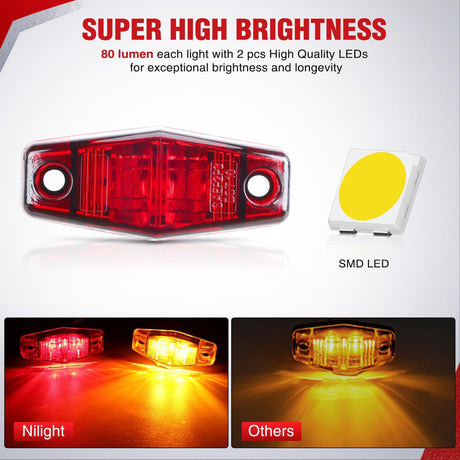2.5 Inch Oval Side Marker Clearance Light 2 LED 4 Amber & 4 Red 80LM High Lumen Waterproof Surface Mount 12V Direct Wire for Truck Trailer Boat RV Semi
