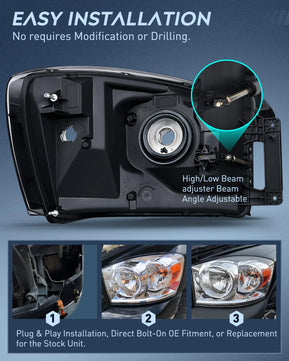 2007-2009 Dodge Ram 1500 2500 3500 Headlight Assembly Chrome Housing Amber Reflector Clear Lens Nilight