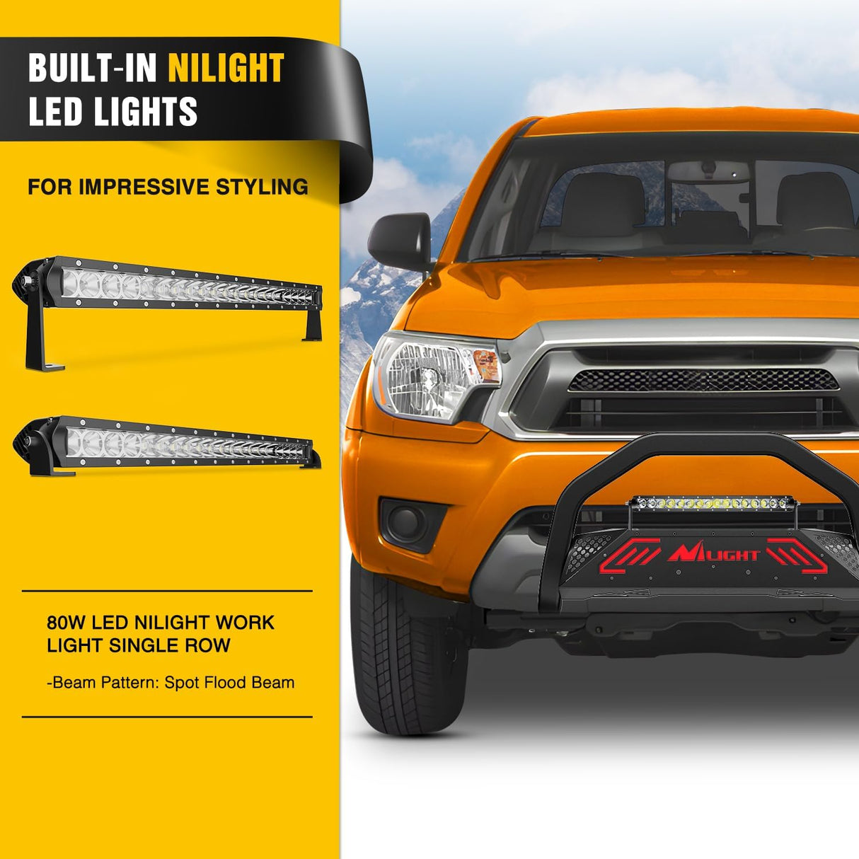 Bull Bar with Light Bar&License Plate Hole Compatible with Toyota Tacoma 2005-2015 Truck Brush Guard, Front Bumper Push Bar w/Grille Skid Plate Light Mount