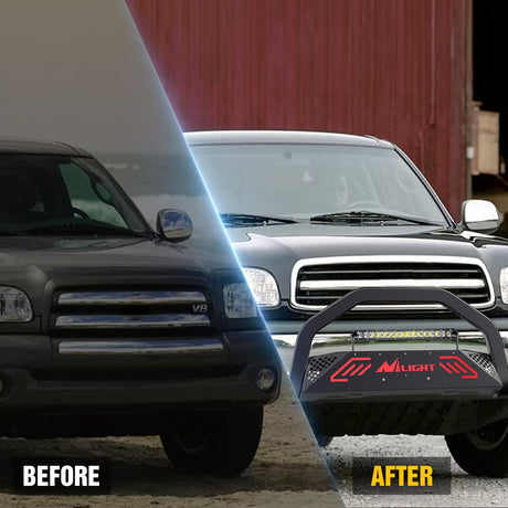 Bull Bar&License Plate Hole with LED Light Bar Compatible with Toyota Tundra 1999-2006 for Toyota Sequoia 2001-2007 Truck Brush Guard, Front Bumper Push Bar w/Grille Skid Plate Light Mount