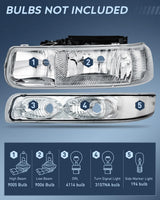 Headlight and Taillight Assembly Combo Compatible with 1999 2000 2001 2002 Chevy Silverado 1500 2500 1500HD 2500HD Fleetside only OE Style Chrome Housing Clear Reflector with Red Tail Lights