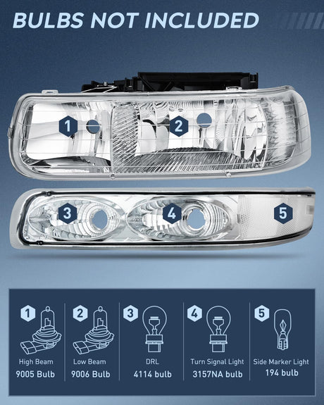 Headlight and Taillight Assembly Combo Compatible with 1999 2000 2001 2002 Chevy Silverado 1500 2500 1500HD 2500HD Fleetside only OE Style Chrome Housing Clear Reflector with Red Tail Lights
