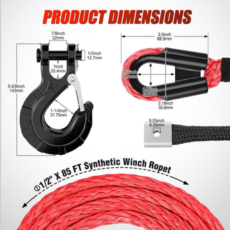 1/2 Inch Synthetic Winch Rope 85 Feet 32,000 lbs Line Cable Kit With Thimble Protective Sleeve Forged 35000lb Hook Universal for SUV 4WD Off Road Vehicle Truck ATV UTV, Red & Black