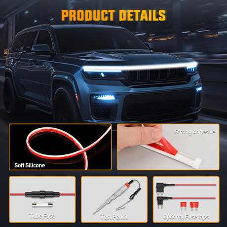 LED Hood Light Strip, 70Inch Flexible Car Hood Light Waterproof Dynamic Startup Daytime Running Light for Cars, SUVs, Trucks, White