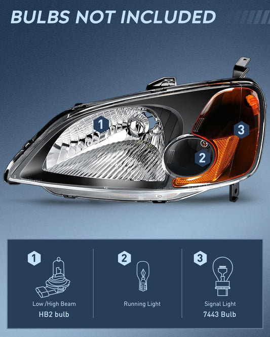 2001-2003 Honda Civic Headlight Assembly Black Case Amber Reflector Clear Lens Nilight