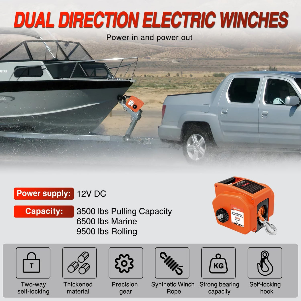Boat Trailer Winch 3500 lbs Portable Electric Boat Winches 12 V DC Marine Winch with Synthetic Rope Remote Control Hand Crank Power-In Freewheel Waterproof Winch for Boat Trailer Towing Orange