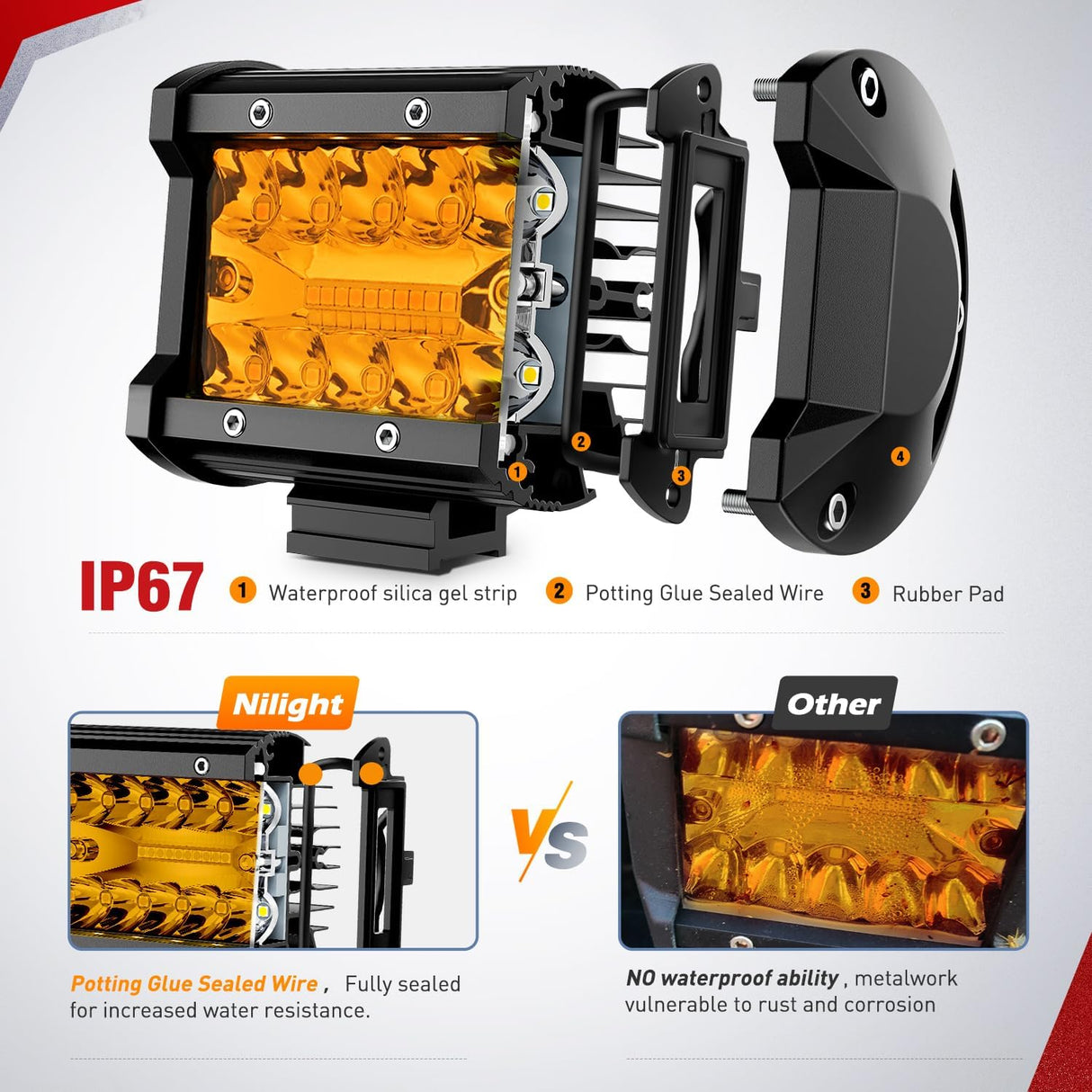 4 Inch Amber LED Light Pods 2PCS Triple Row 60W Flood Spot Combo Offroad Driving Fog Lighting for 12V 24V Pickup Truck ATV UTV SUV