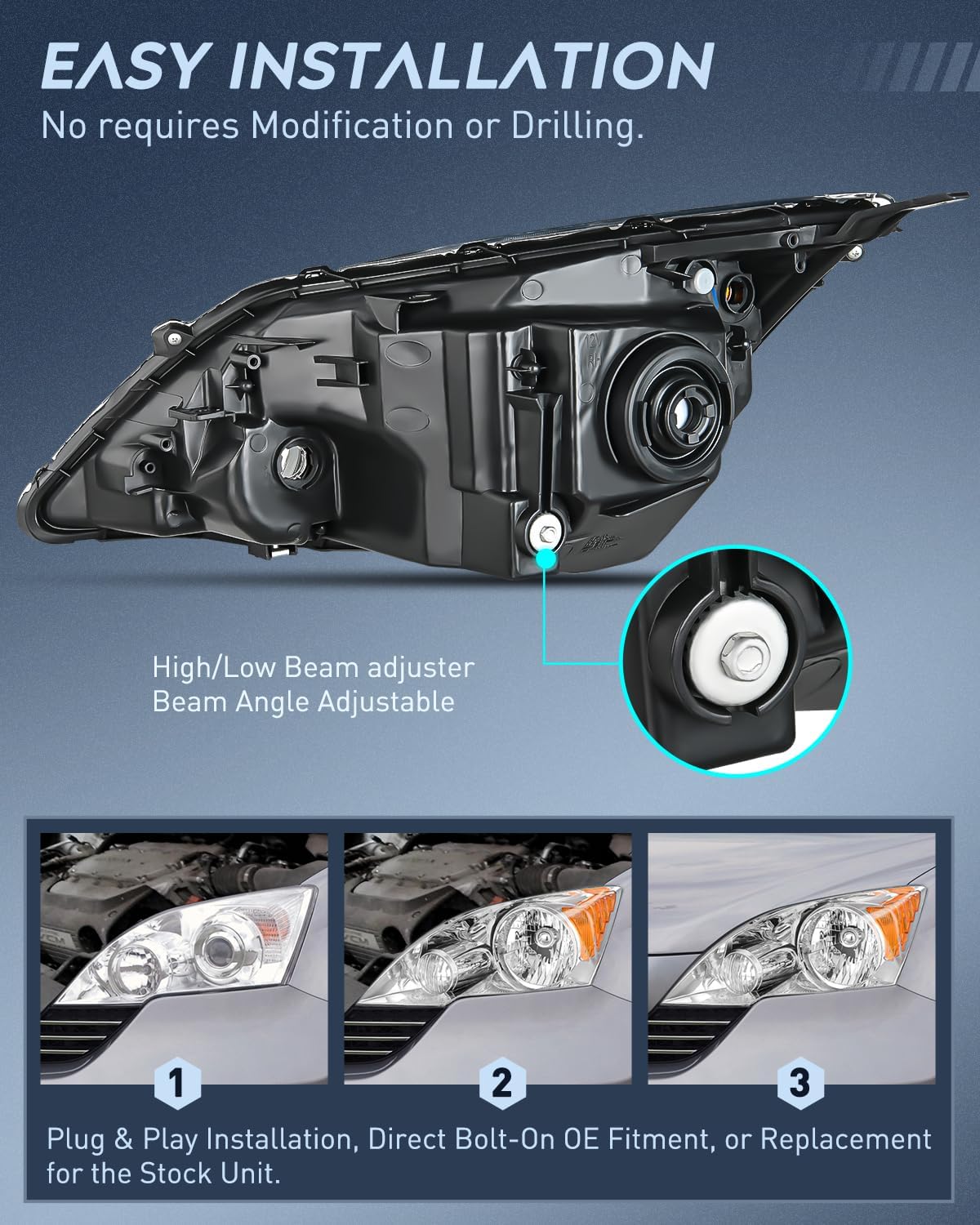 Headlights Assembly for Honda CRV(CR-V) 2007 2008 2009 2010 2011 Headlamp Chrome Housing Amber Reflector