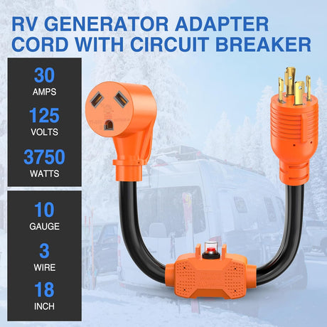 RV Generator Adapter Cord with Circuit Breaker Overload Protector 30 Amp to 30Amp 4-Prong Twist Lock Plug 10 Gauge Wire ETL Listed L14-30P to TT-30R 30M/30F for RVs Camper Caravan Van Trailer