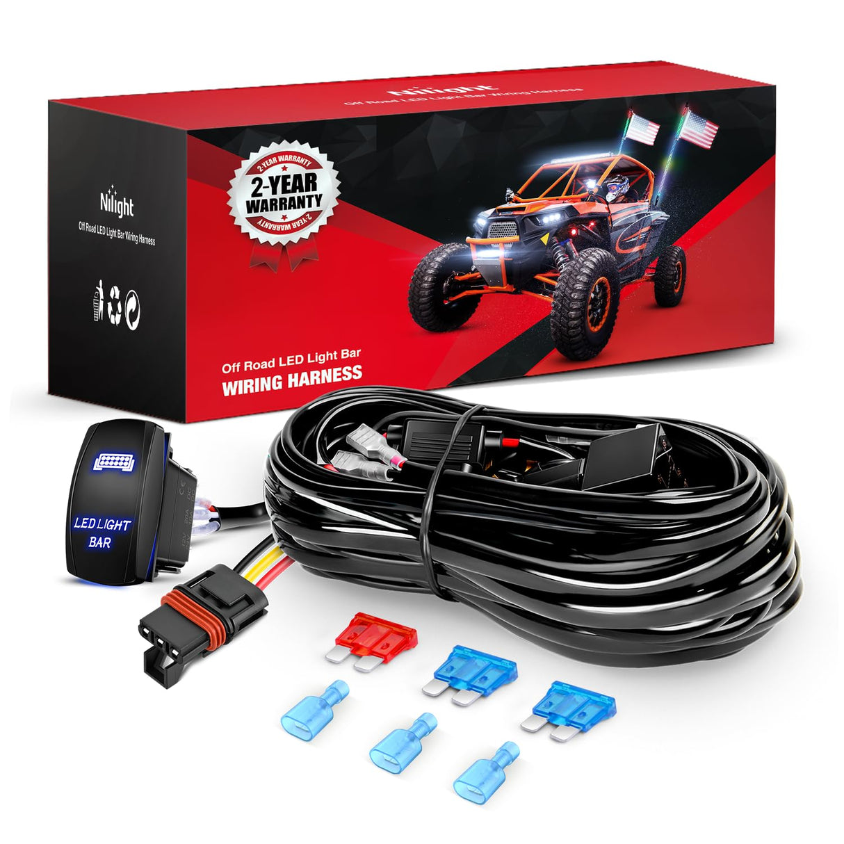 16AWG LED Light Bar Wiring Harness Kit with Pulse Power Plug | Connector 12V On Off 5Pin Rocker Switch Relay Fuse for Polaris RZR General Ranger Pulse Bus bar- 2 Leads Blue