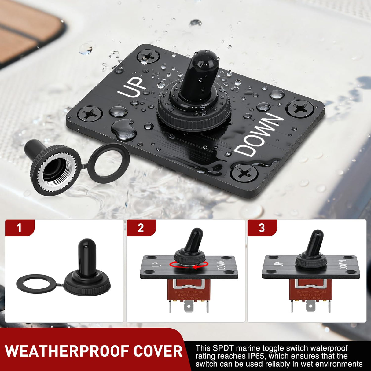 Heavy Duty Momentary Toggle Switch Waterproof 3 Pin 3 Position (ON)-Off-(ON) SPDT 12V DC 30A with Up-Down Mounting Panel and Weatherproof Cap Cover for Auto Car Marine Boat Automotive