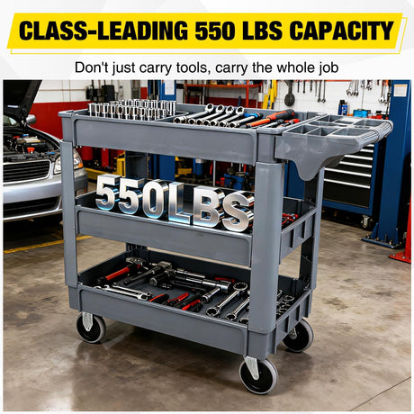 Heavy Duty 3-Shelf Plastic Utility Cart - 550 lbs Capacity Rolling Service Cart with 5 Inch TPU Silent Wheels & Integrated Tool Handle - Grey